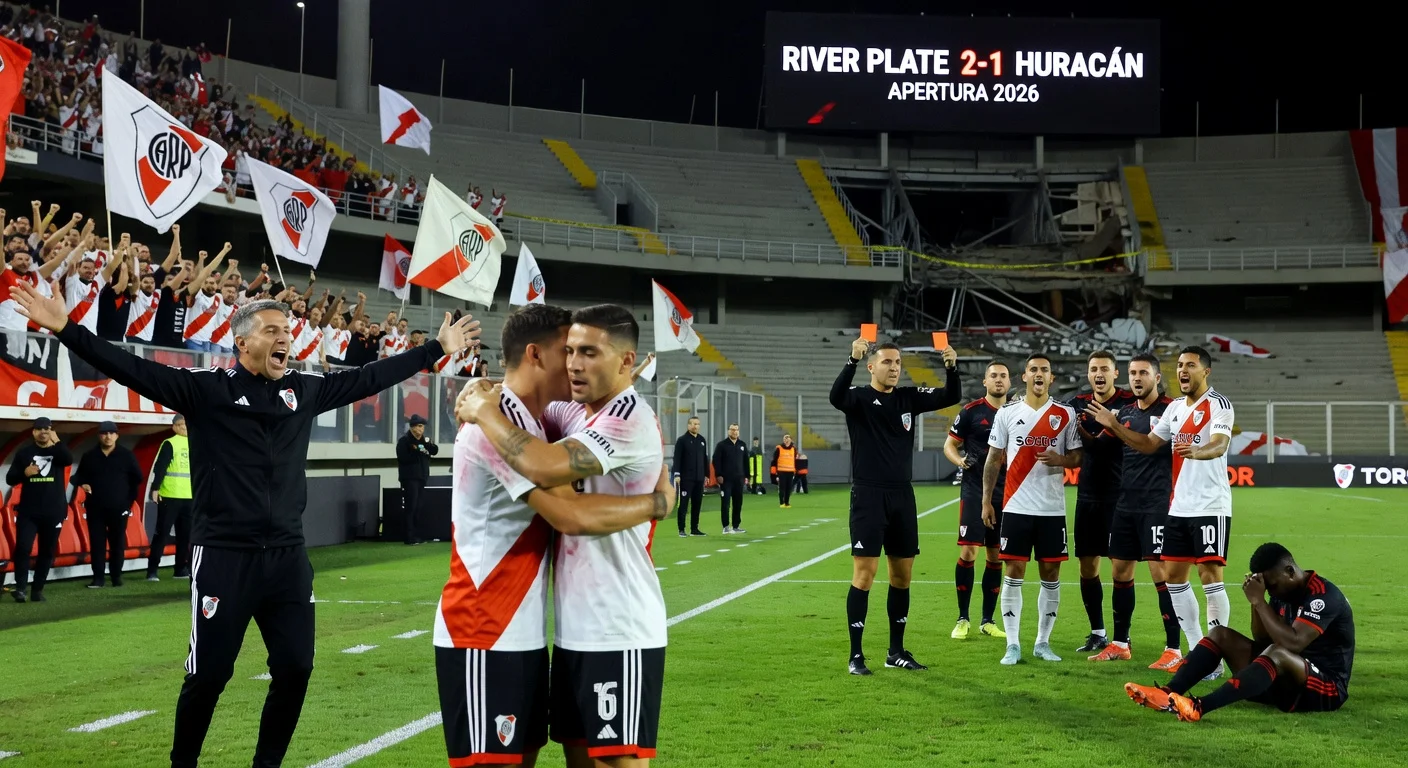 River Plate players and coach Eduardo Coudet celebrate 2-1 win over Huracán amid penalties, red cards, and sparse crowd at Estadio Tomás Adolfo Ducó.