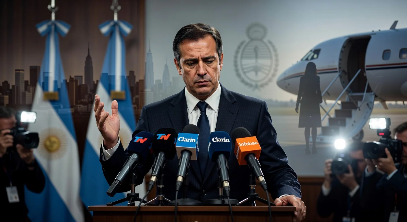 Manuel Adorni at press conference, apologizing for 'unwind' remark on New York trip controversy.