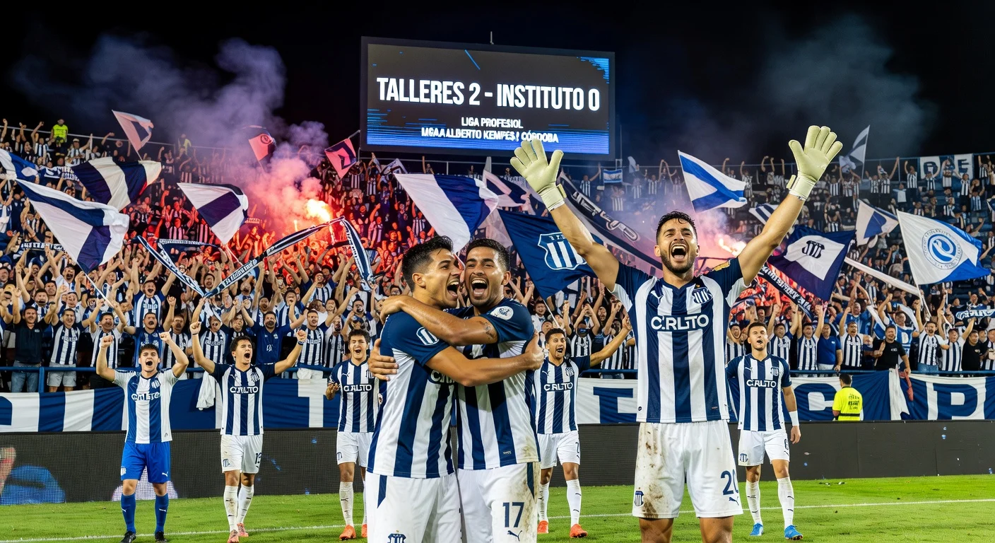 Talleres players and fans celebrate 2-0 win over Instituto at Mario Kempes Stadium.