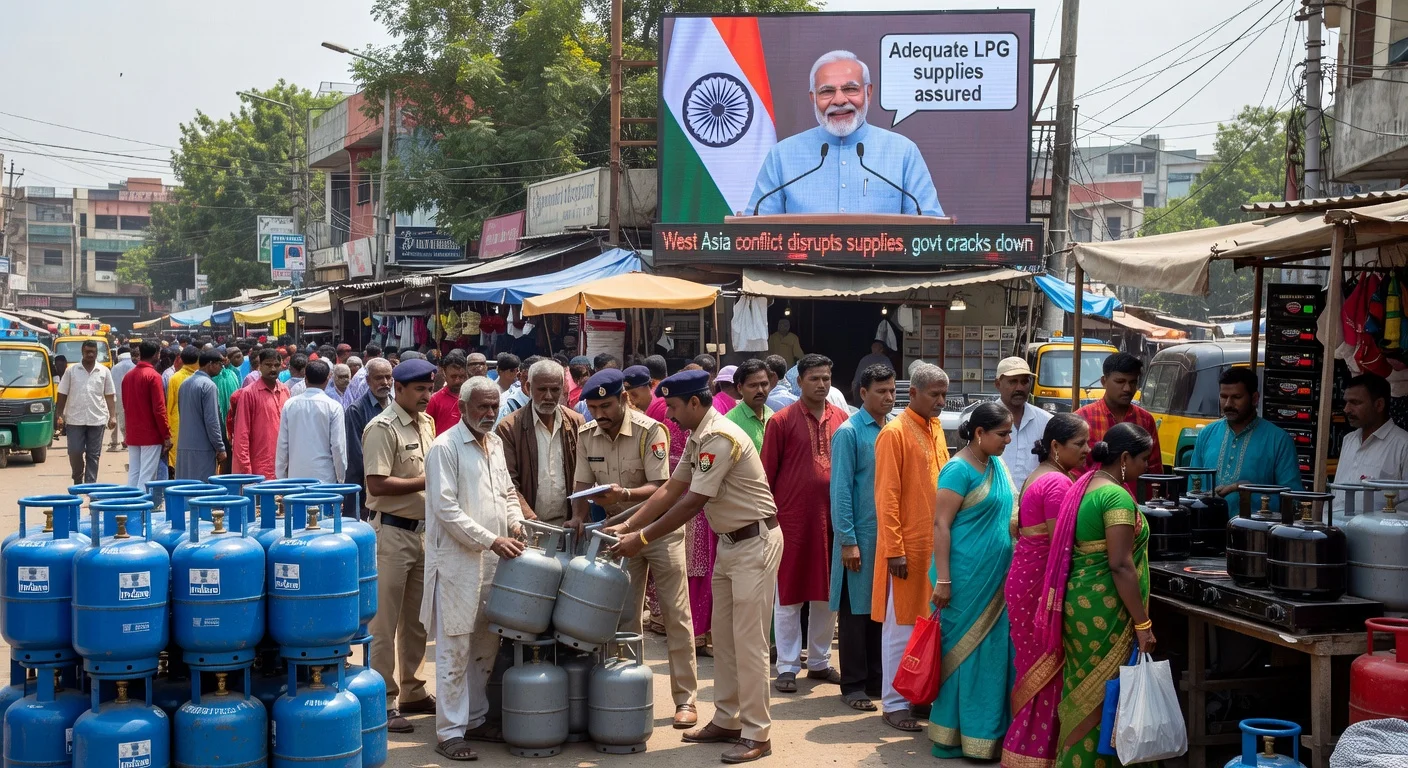 Indian market scene with people buying induction stoves amid LPG shortage fears, PM Modi on screen assuring supplies.