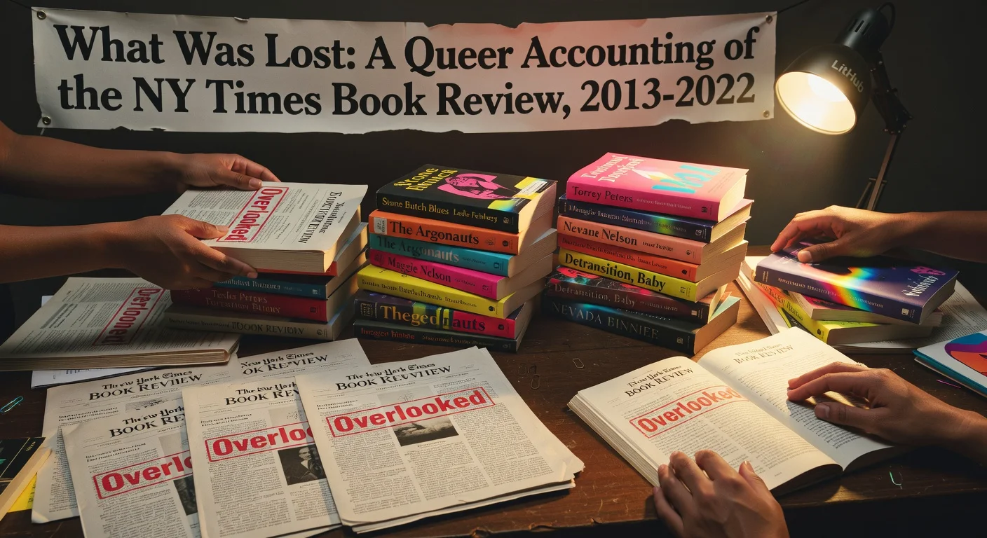 LitHub spotlight on overlooked queer books amid shadowed NYT reviews, symbolizing literary representation gaps.