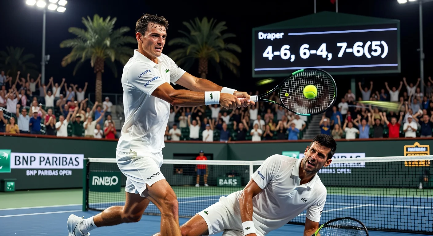 Jack Draper hits decisive forehand winner against exhausted Novak Djokovic in epic Indian Wells upset match.