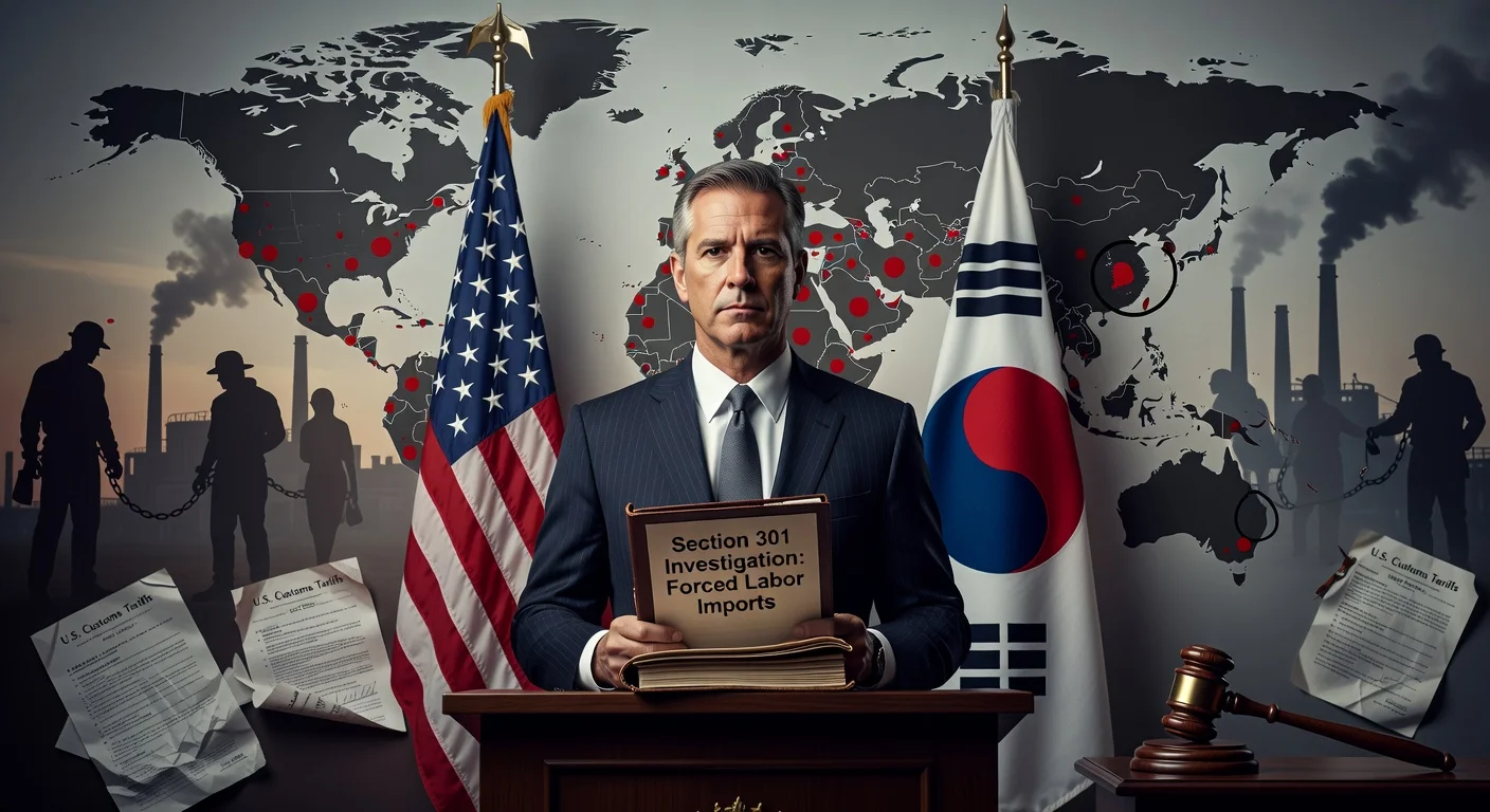 USTR official announcing investigations into South Korea and 59 countries over forced labor imports, with flags, map, and trade symbols.