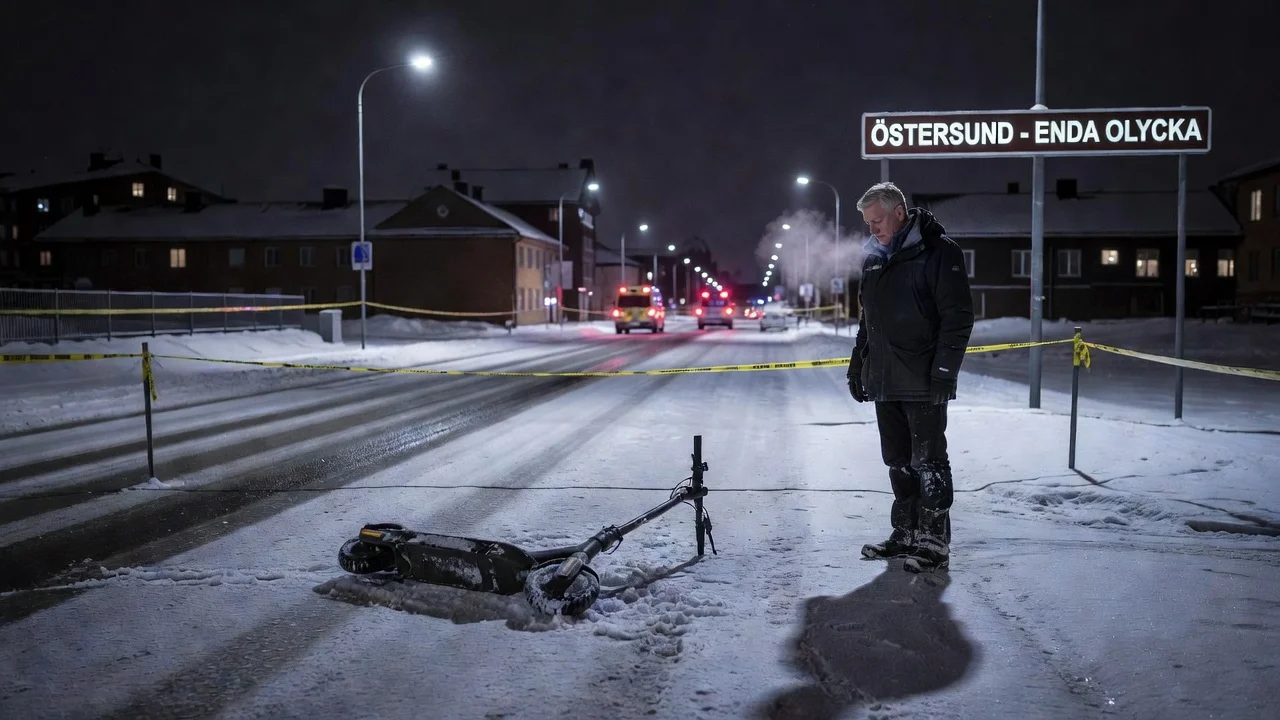 Nighttime electric scooter accident scene in Östersund with police presence on snowy road