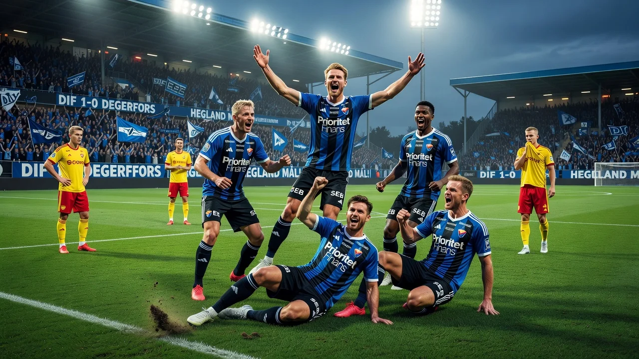 Djurgården celebrating their 1-0 win over Degerfors at Stora Valla with a goal by Hegland.