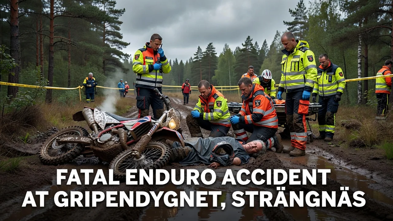 Emergency services attending the scene of a fatal accident at the Gripendygnet enduro competition in Strängnäs.