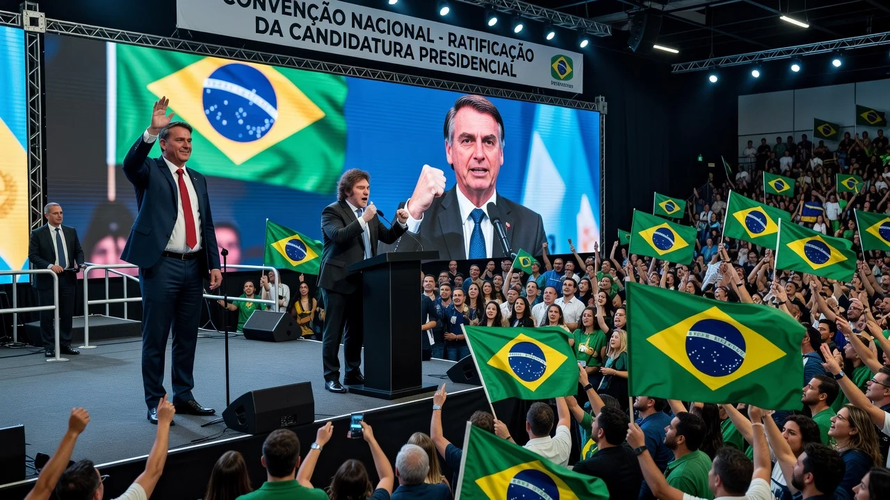 Political convention scene with Flávio Bolsonaro and Javier Milei at the PL event in São Paulo, featuring an AI video of Jair Bolsonaro.