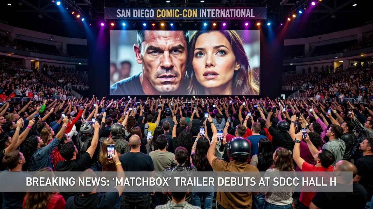 Illustration of Matchbox movie trailer debut at Comic-Con with John Cena and Jessica Biel on screen.
