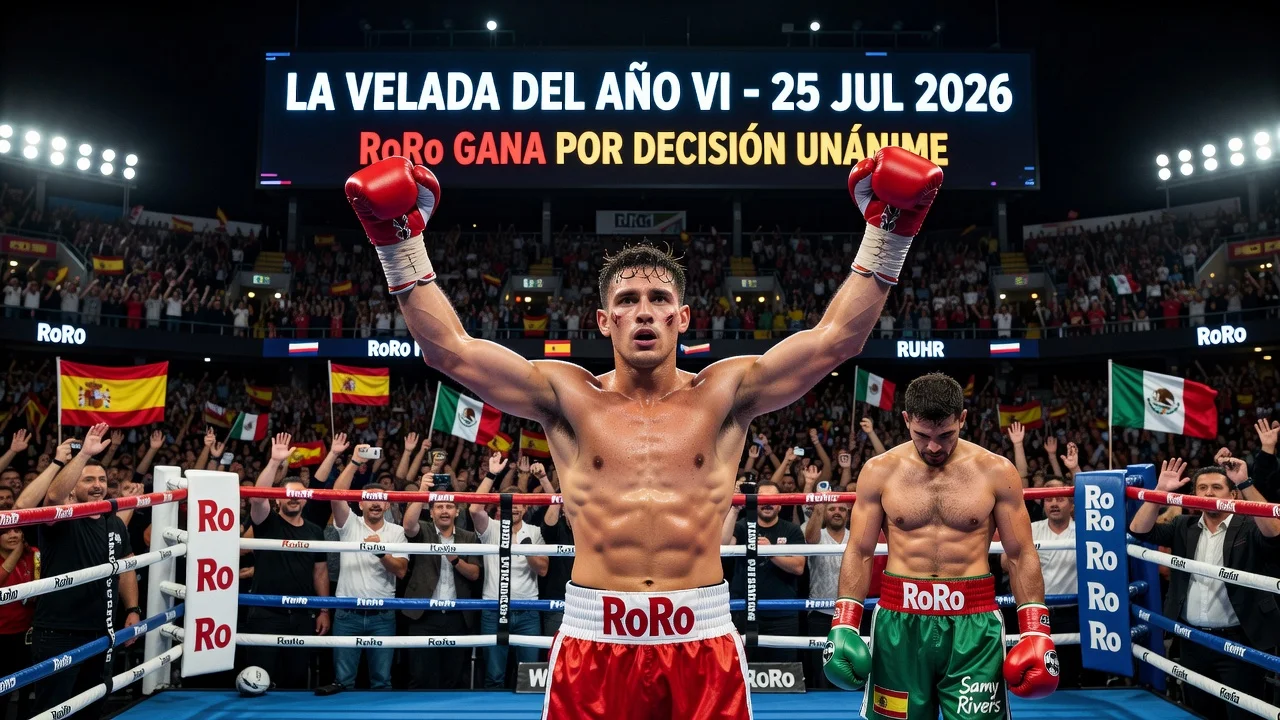 RoRo raising arms in victory over Samy Rivers inside the boxing ring at La Velada del Año VI in Seville stadium.