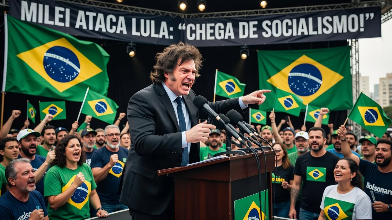Argentine President Javier Milei passionately criticizing Lula at a political event in Brazil.