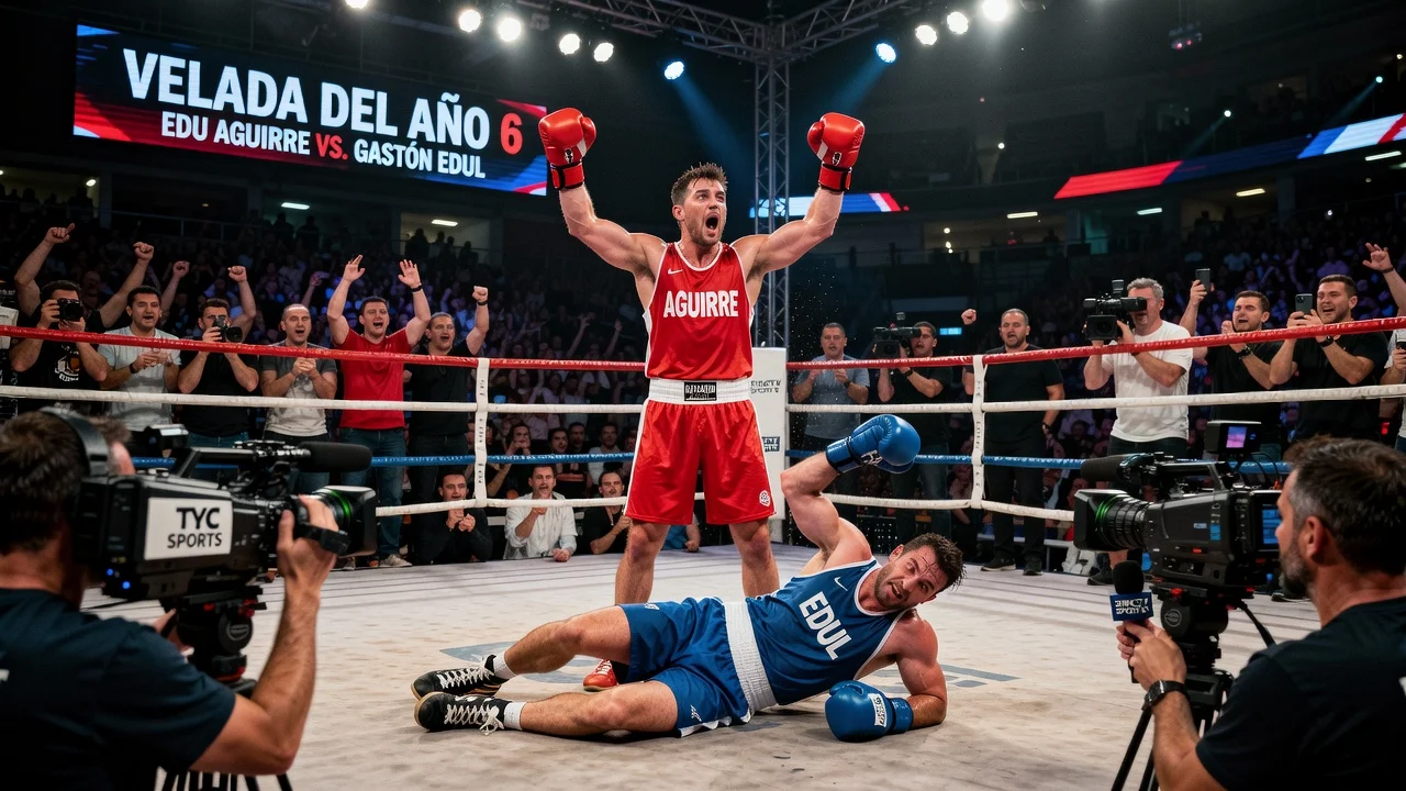 Edu Aguirre defeats Gastón Edul in boxing ring at Velada del Año 6 event.