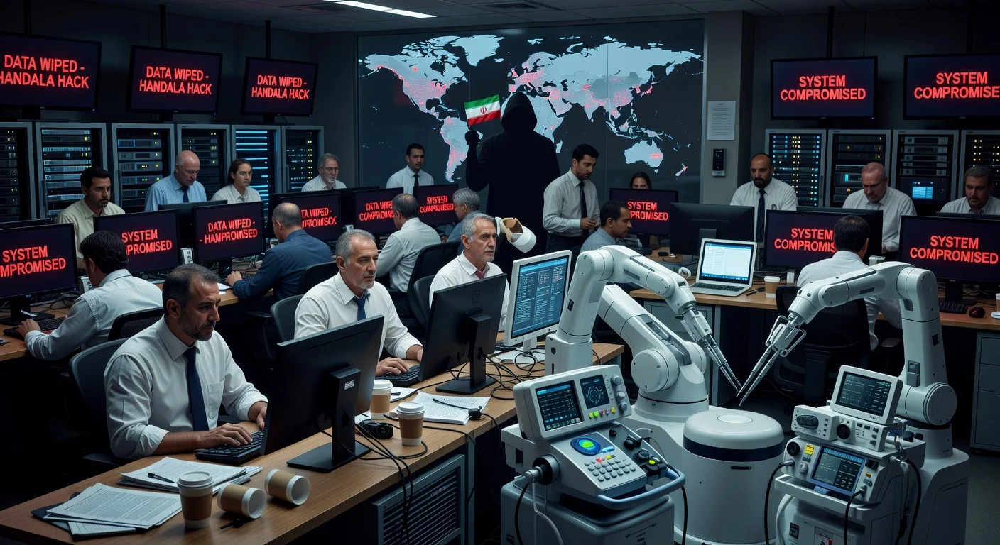 Dramatic illustration of Stryker's operations center disrupted by Iran-linked cyberattack, with error-filled screens and intact medical devices.