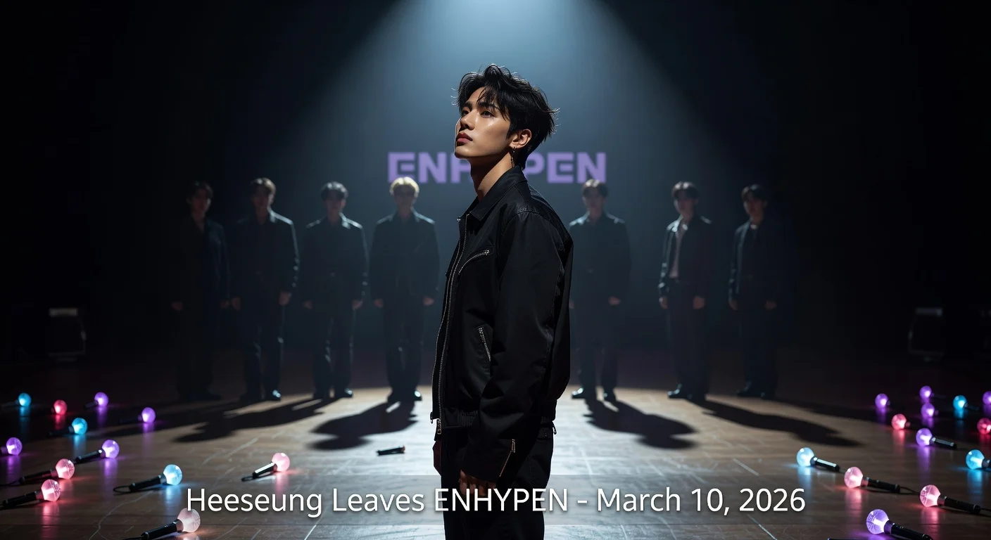 Dramatic photo-realistic illustration of Heeseung walking away from ENHYPEN bandmates toward a solo spotlight on stage, symbolizing his group departure.