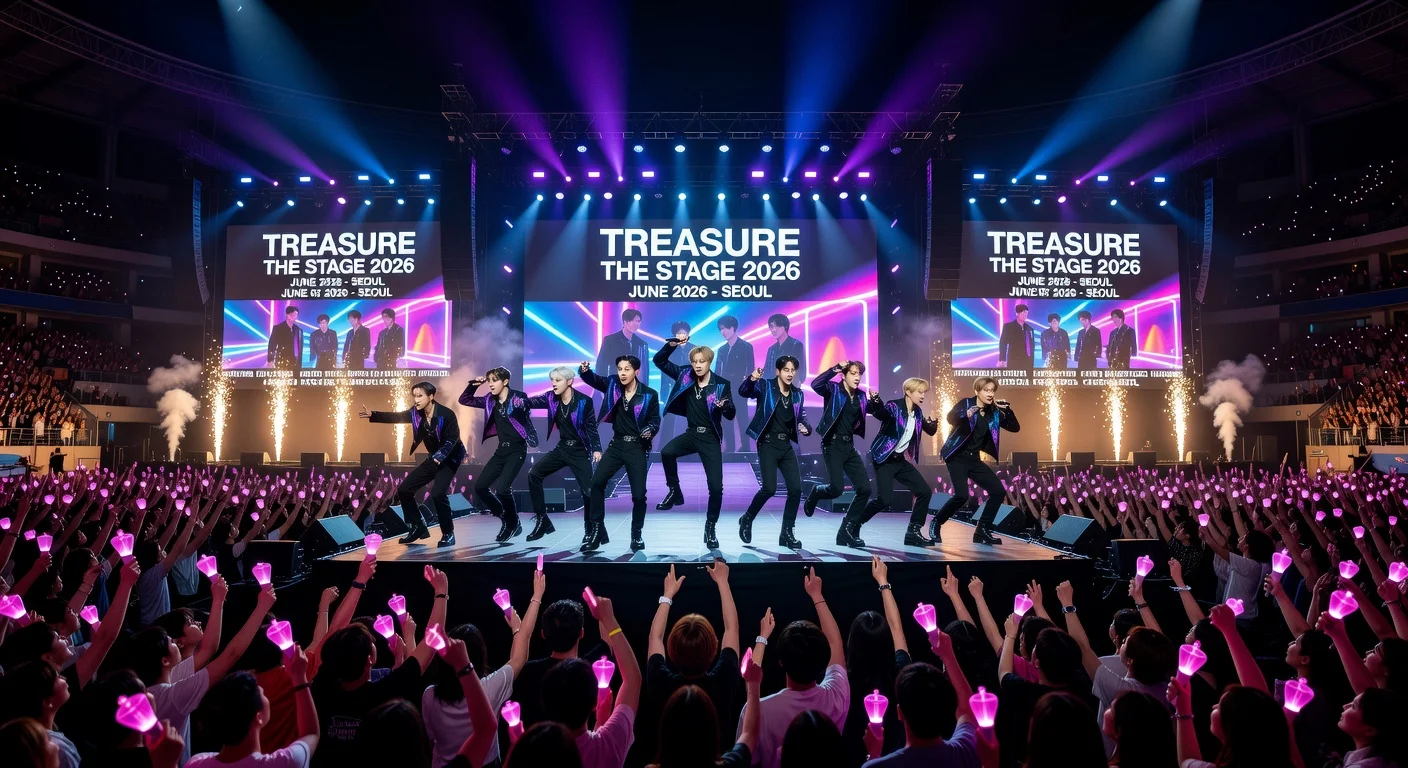 TREASURE performing live on stage in Seoul, announcing 'The Stage 2026' tour and June album comeback amid cheering fans.