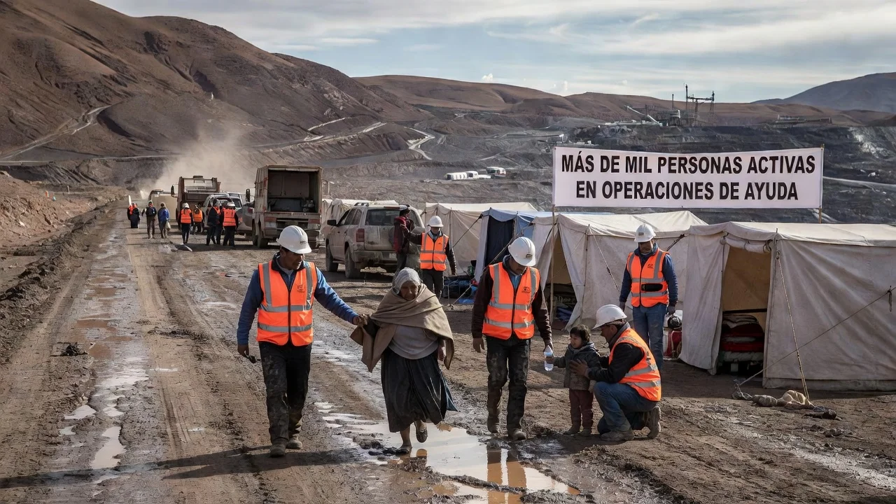 Rescue workers assisting evacuations in the Atacama desert following heavy rains, illustrating the end of the emergency phase.