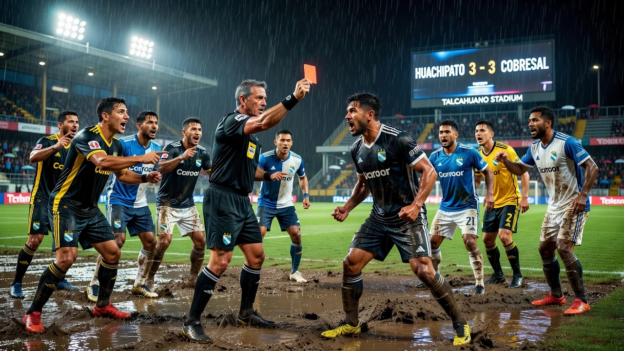 Rain-soaked soccer pitch with players arguing as referee issues red card amid 3-3 draw controversy.