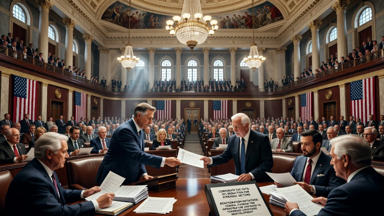 Illustration of Congress approving the national reconstruction bill with tax reforms.