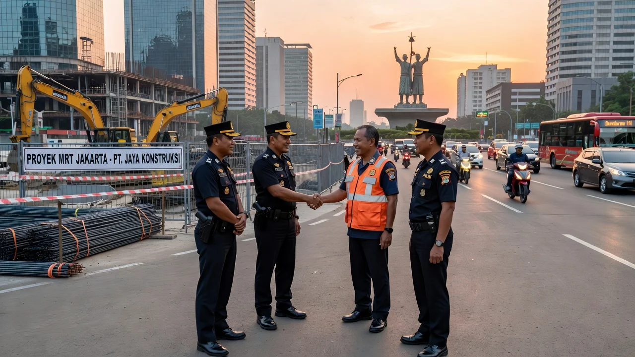 Security guard Fiktor Harefa shaking hands with three police officers at Bundaran HI, symbolizing forgiveness after an incident.