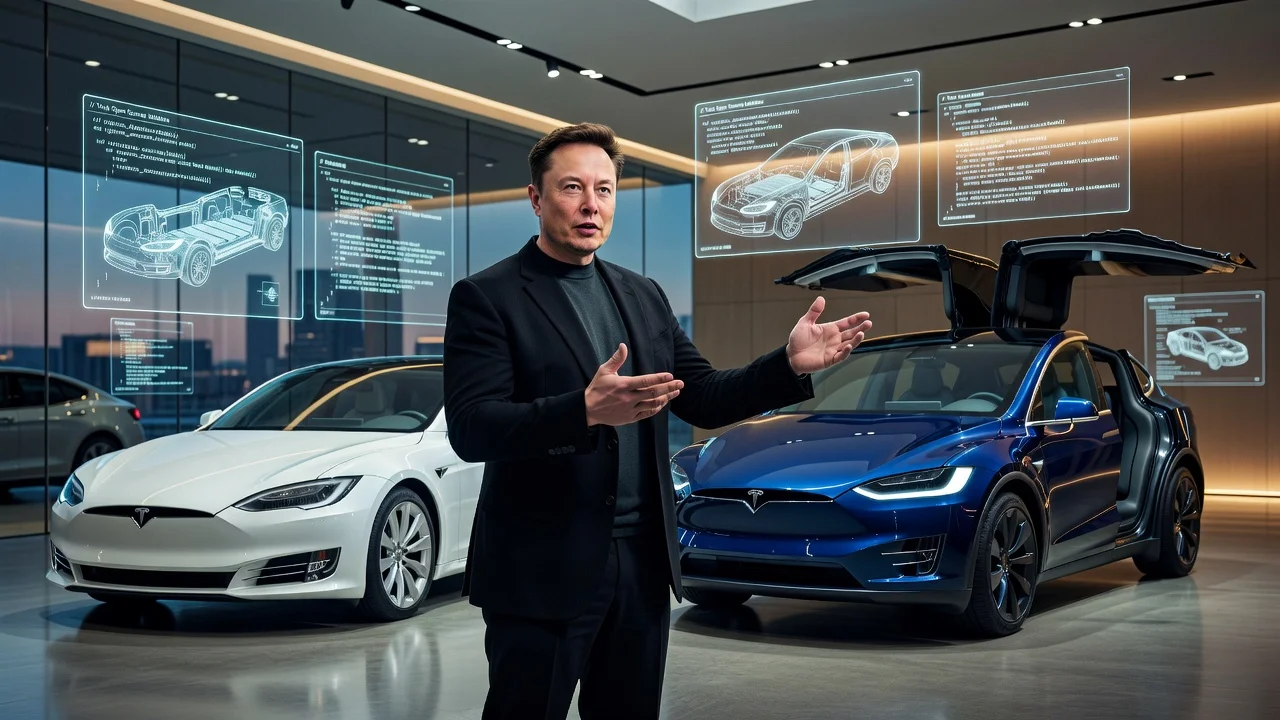 Elon Musk announces Tesla open sourcing Model S and X designs with holographic code and vehicles in a modern showroom.