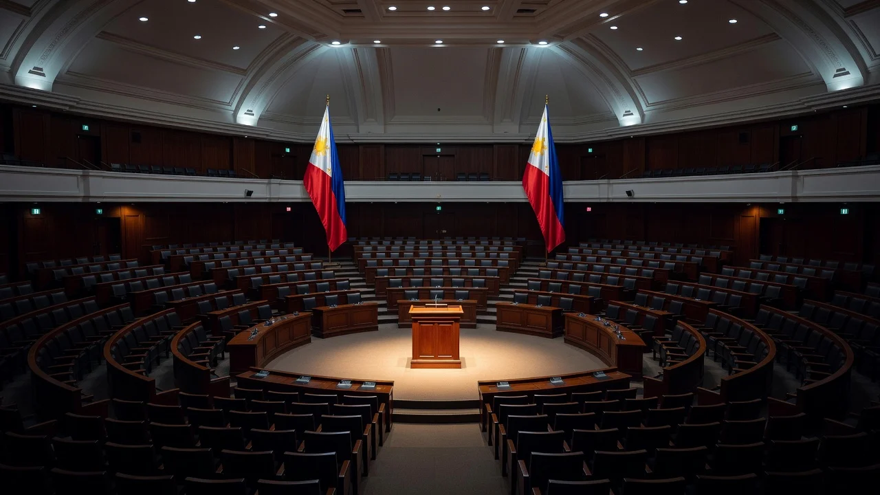 The House of Representatives chamber at Batasang Pambansa prepared for Marcos' SONA in a simple setting.