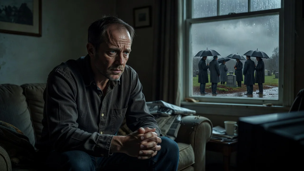 Warren Hudson interviewed about skipping funeral amid threats, rainy cemetery visible through window