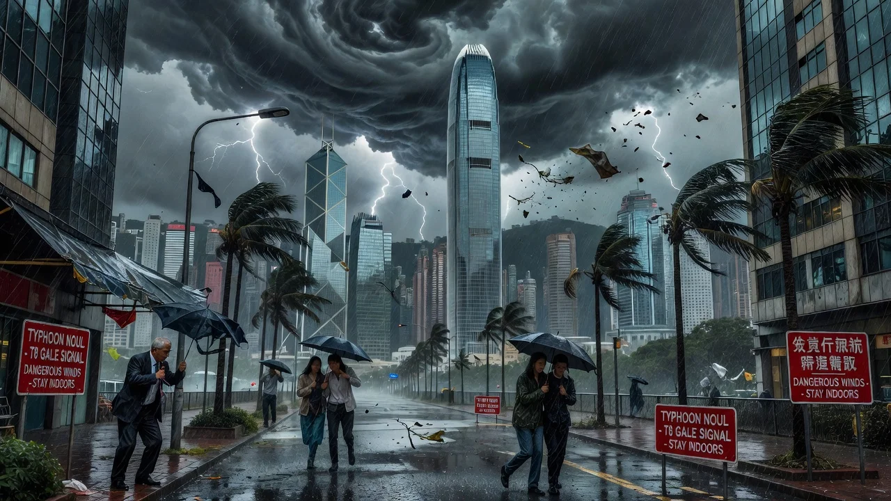Stormy Hong Kong cityscape during Typhoon Noul with T8 gale signal active.
