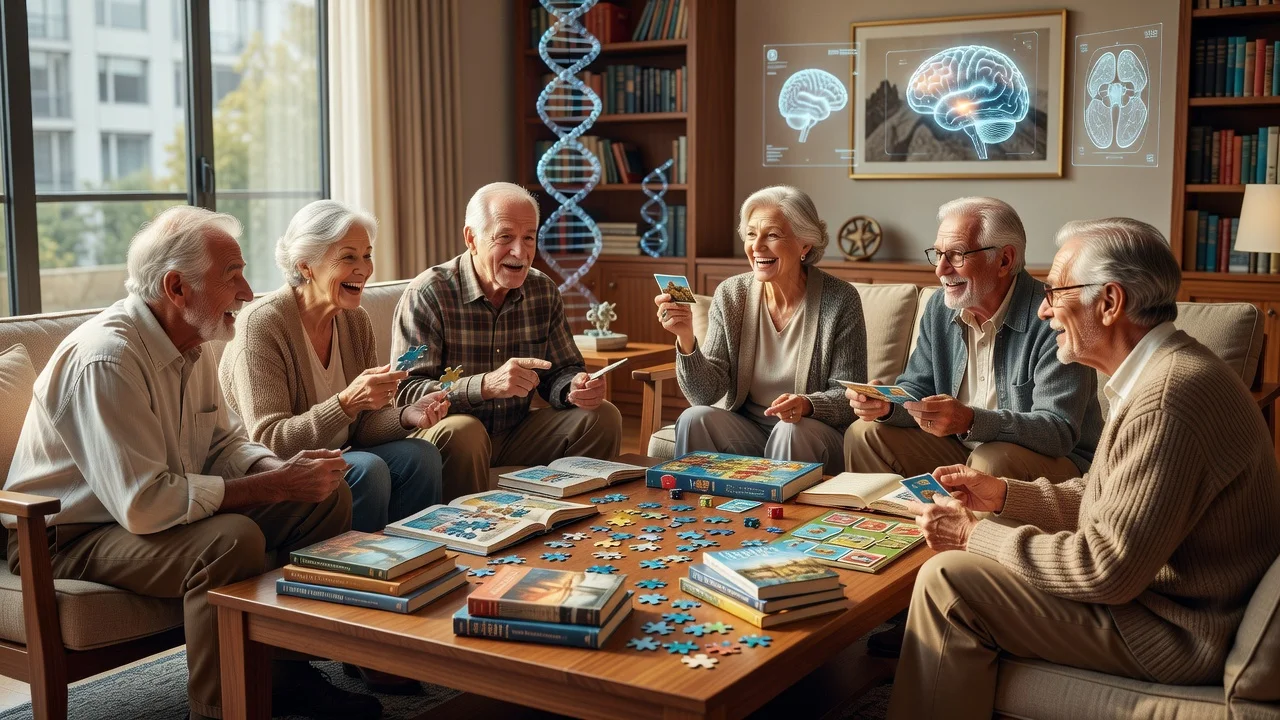 Elderly SuperAgers demonstrating sharp memory in a home setting with subtle genetic research elements in the background