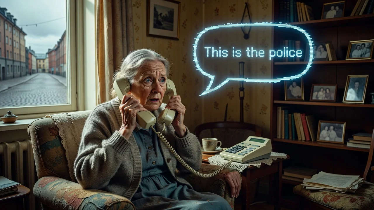 An elderly person receiving a suspicious police scam call on their phone in a Swedish home.