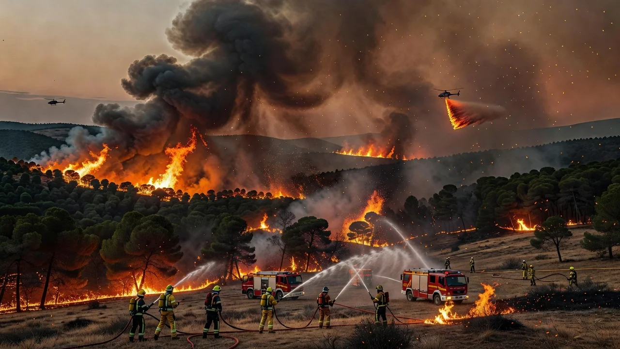 Wildfires raging near Madrid and Ávila with emergency responders fighting the flames during Spain's national emergency.