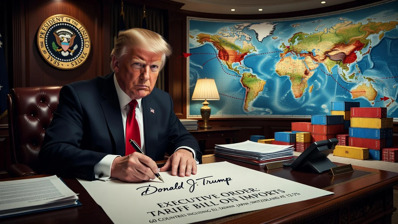 Illustration of President Trump imposing new tariffs on imports from multiple countries.