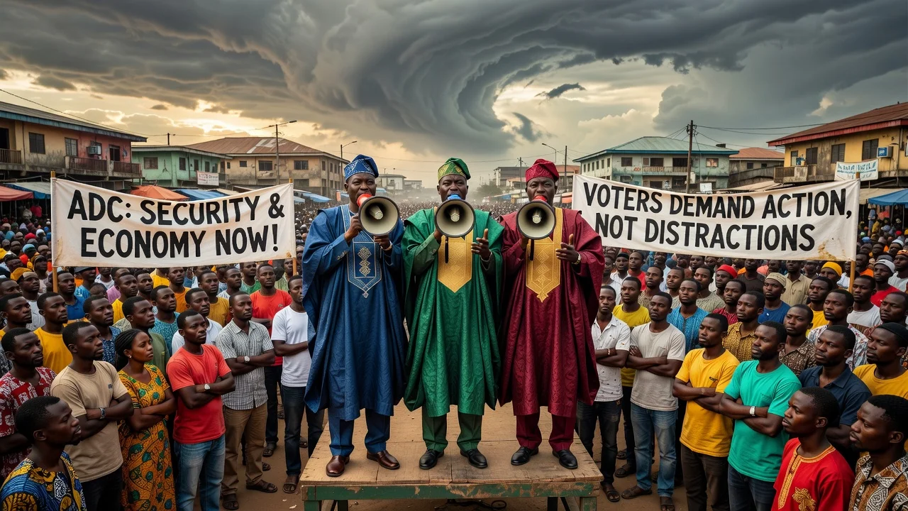 Opposition party ADC members speaking to Nigerian voters about rejecting the influence of a Trump letter to Tinubu, highlighting issues of security and economy.