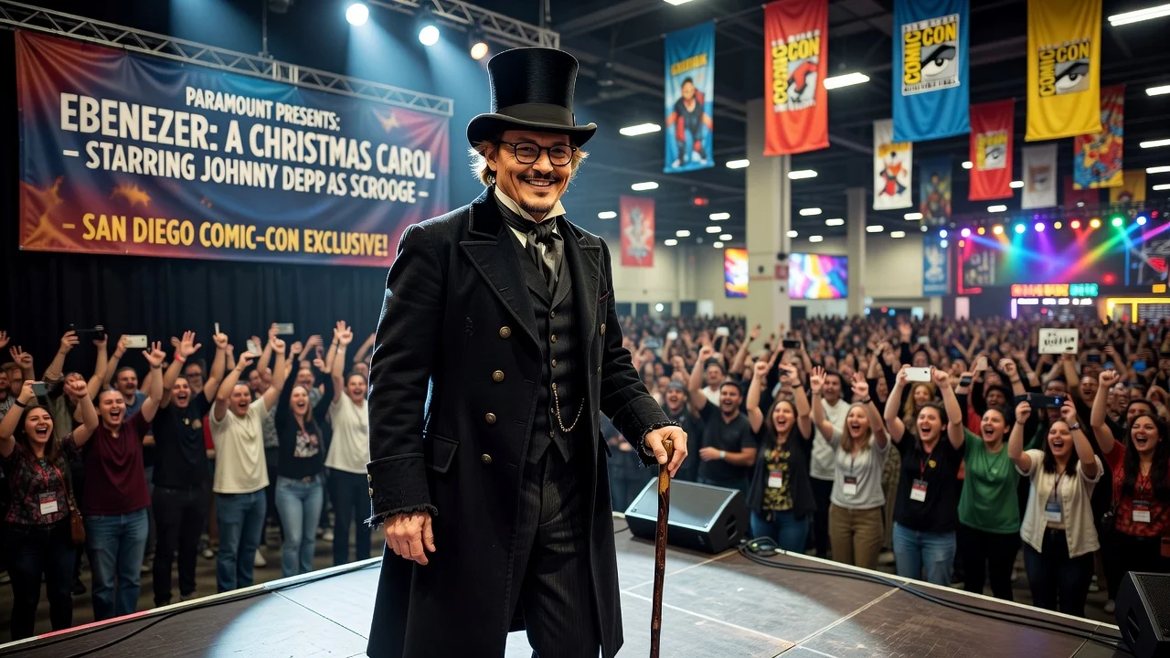 Johnny Depp dressed as Ebenezer Scrooge surprising fans at Comic-Con.
