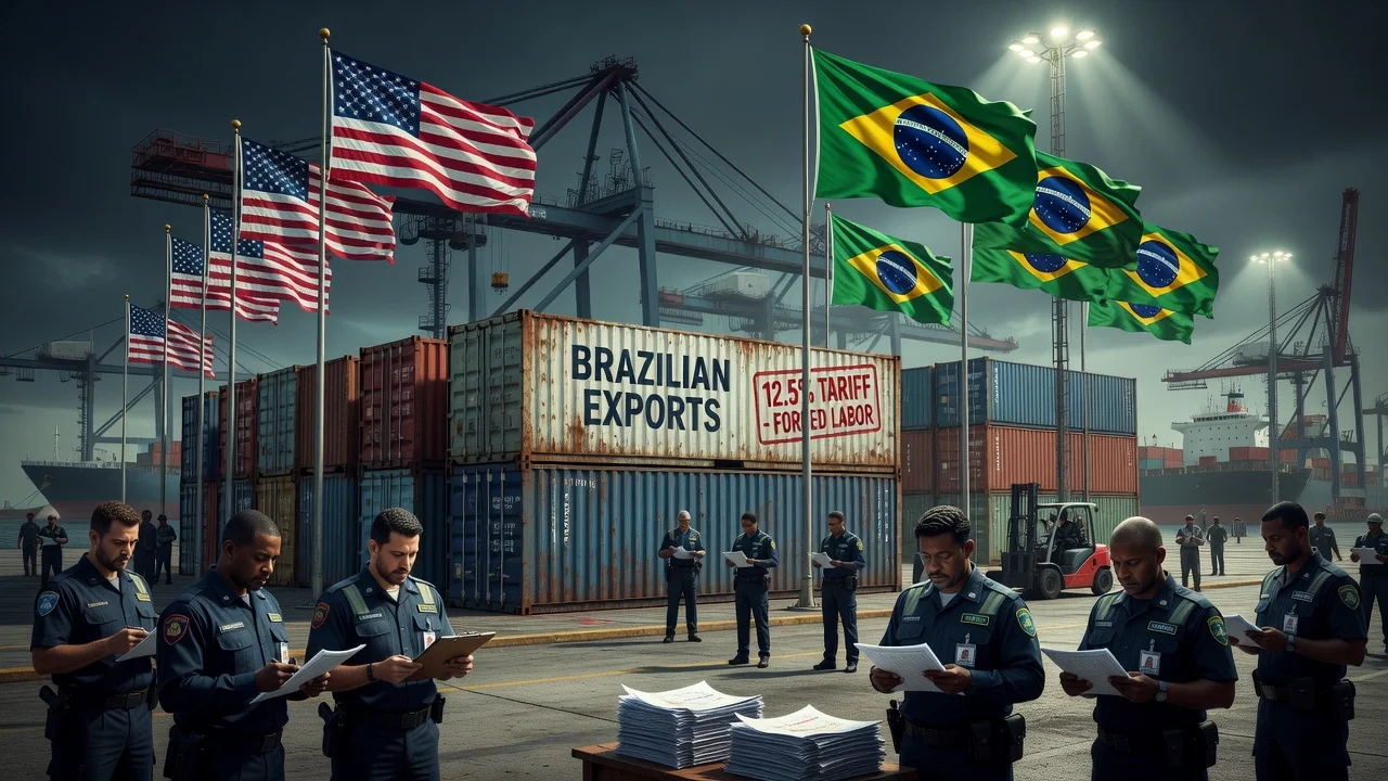 News illustration of US tariffs on Brazilian exports related to forced labor investigation.