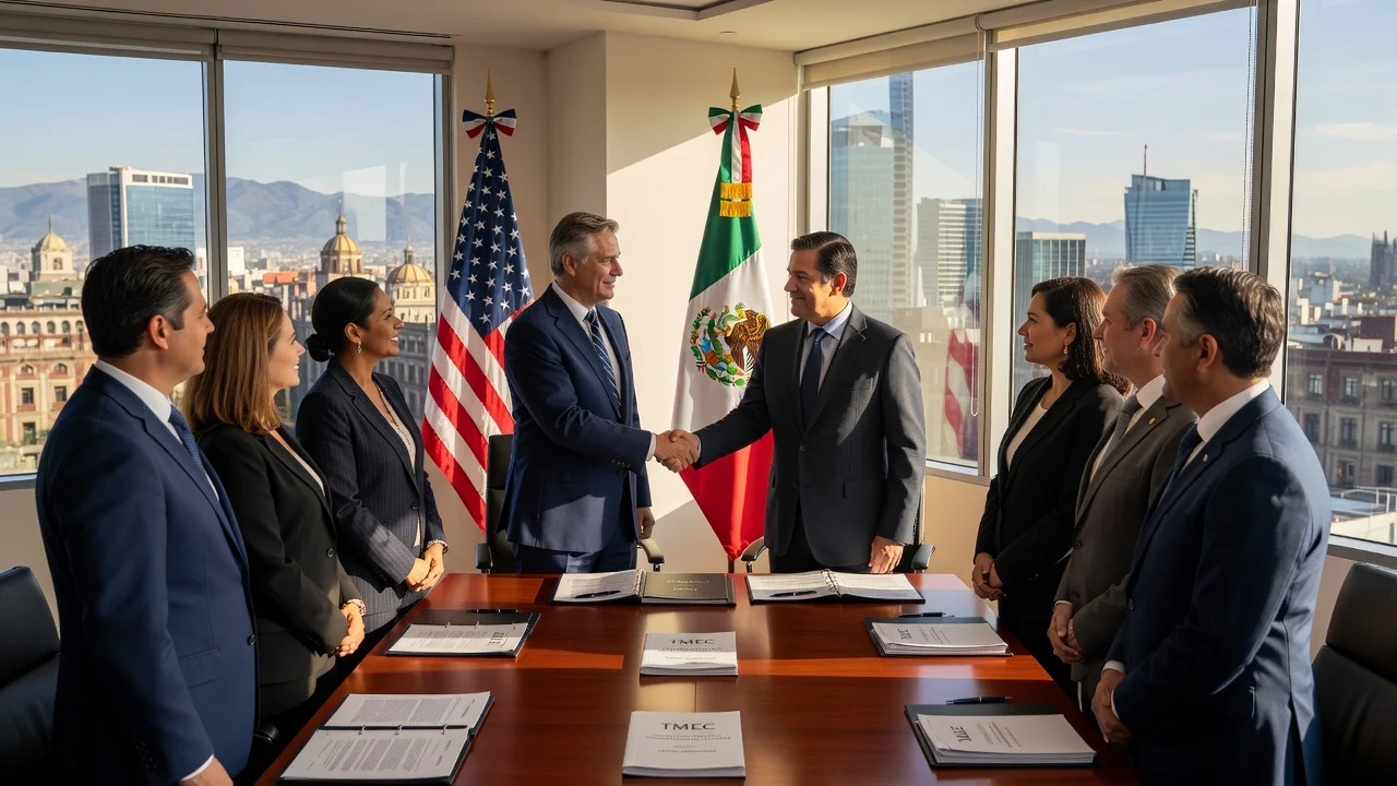 Diplomats from Mexico and the United States shaking hands after TMEC review talks in Mexico City.
