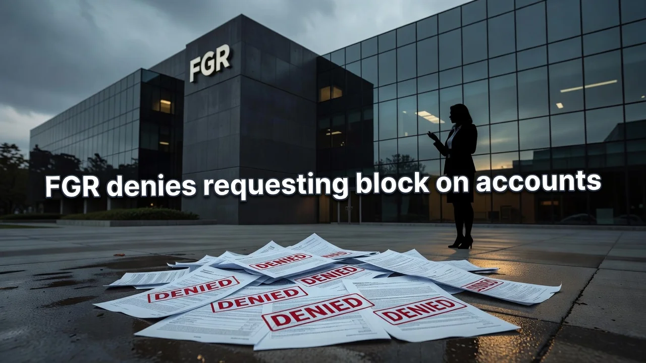 Illustration of the Mexican prosecutor's office denying a request to block Verónica Ruffo's bank accounts, with official documents and building facade.