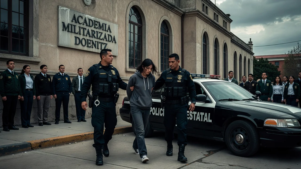 Police arresting an 18-year-old suspect outside the military academy in Tamaulipas in connection with a 13-year-old's death.