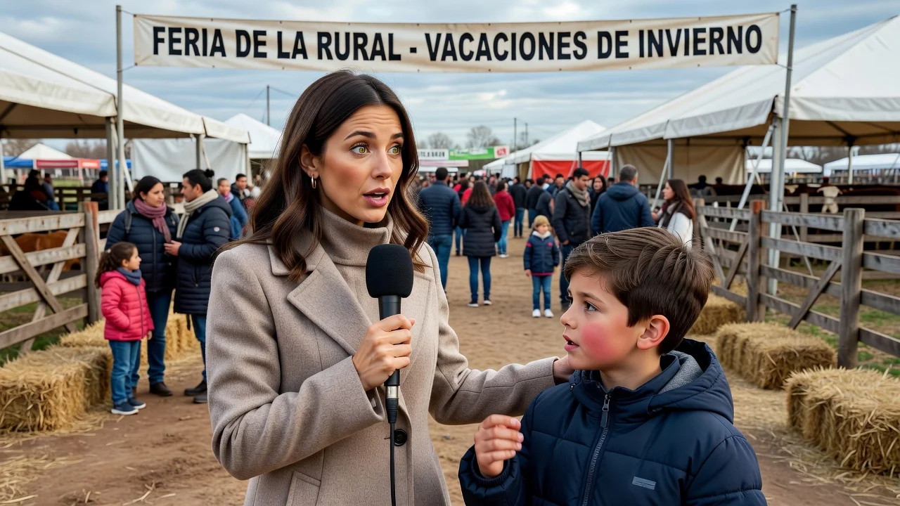 Julieta Poggio having a blooper while interviewing a boy at La Rural fair.