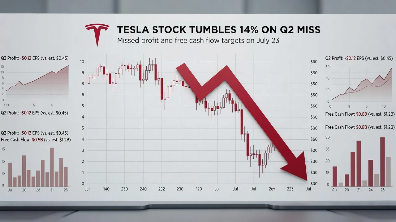 A stock chart illustrating Tesla's 14% share price drop after earnings miss.