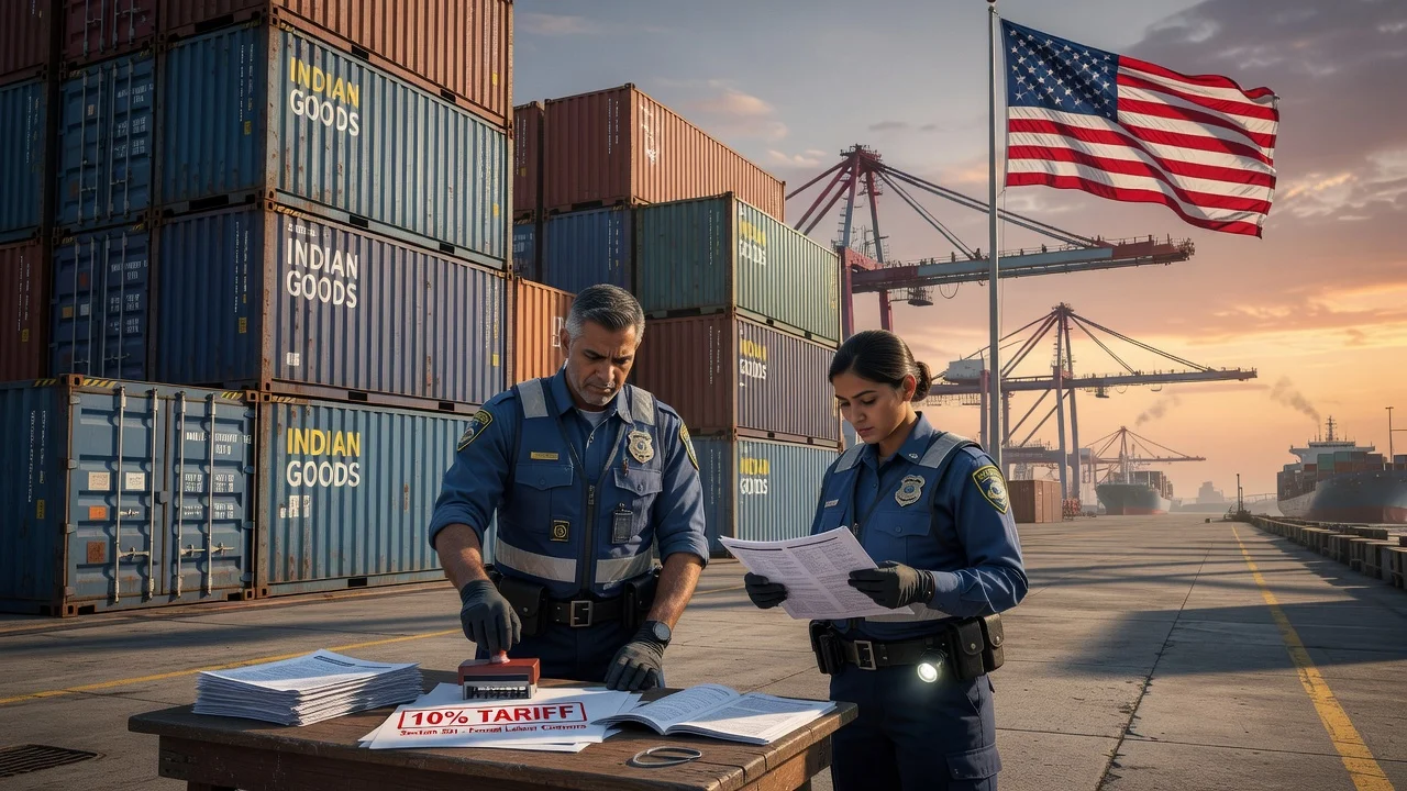 Illustration of US imposing tariffs on Indian imports due to forced labor at a port with customs officials.