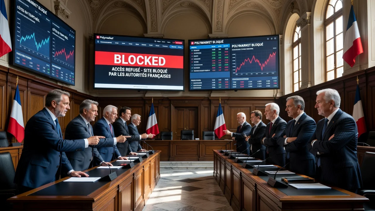Illustration of Polymarket challenging France's gambling authority in a courtroom over website block.