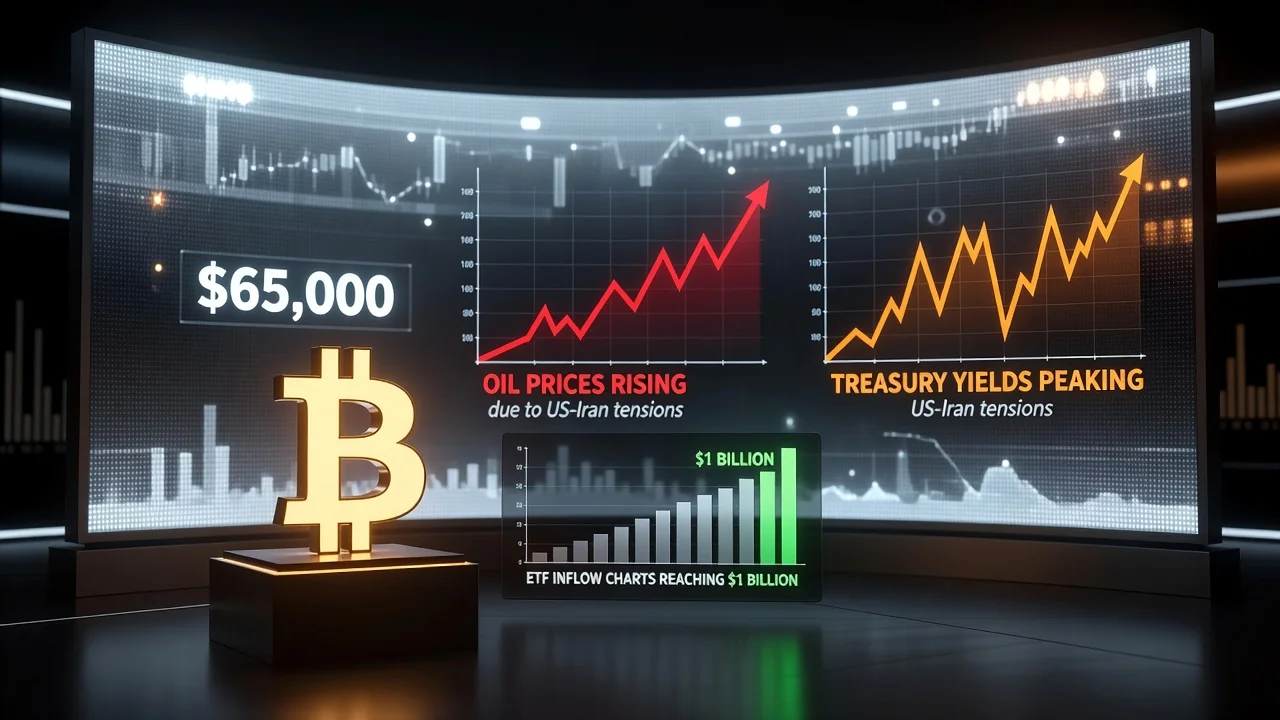 Bitcoin remains near $65,000 as tensions with Iran boost oil and yields, with strong ETF inflows.