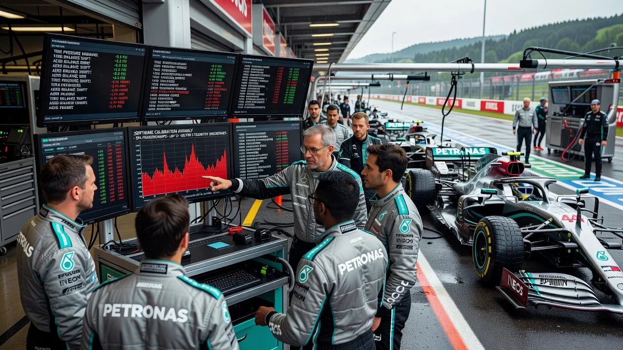 Mercedes engineers reviewing data on George Russell's F1 car software issue at Spa-Francorchamps