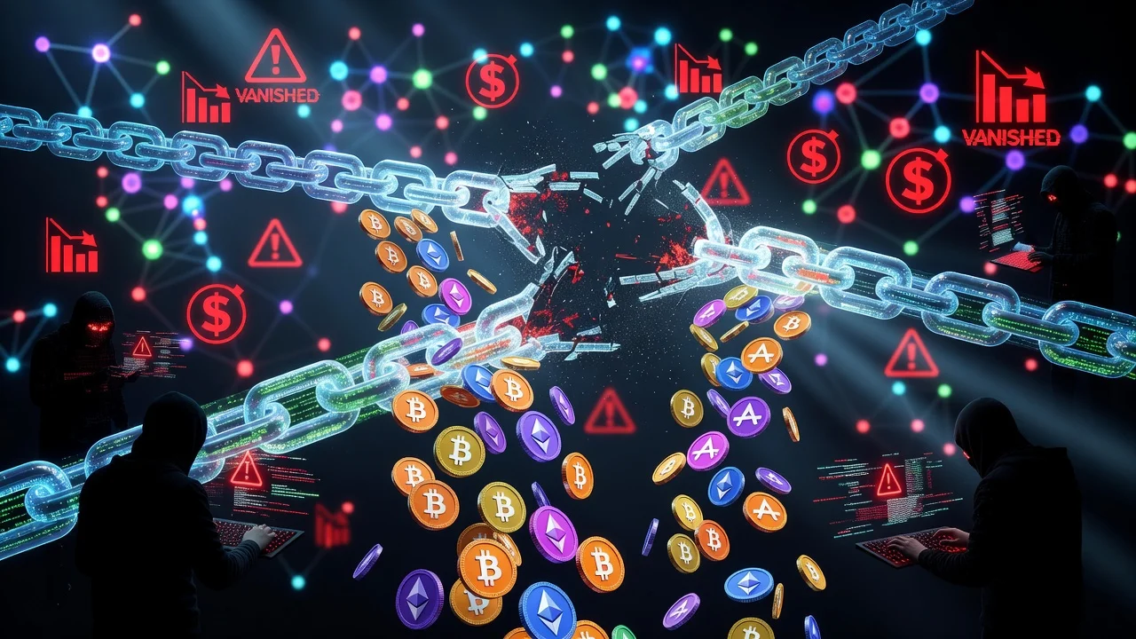 Illustration of cryptocurrency bridges being hacked, showing digital chains breaking and money draining away.