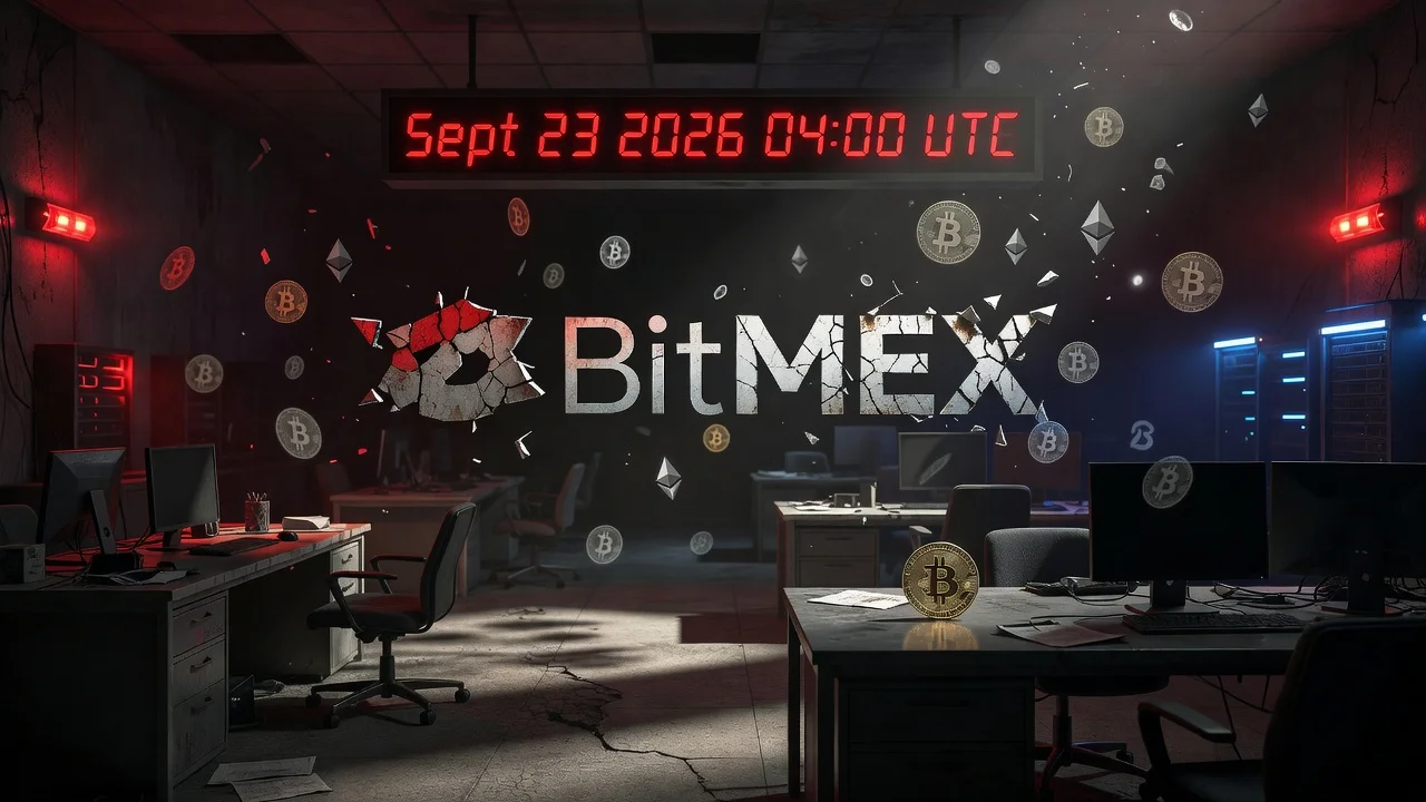 Illustration of BitMEX crypto exchange closure with a clock showing the shutdown time and fading cryptocurrency symbols.