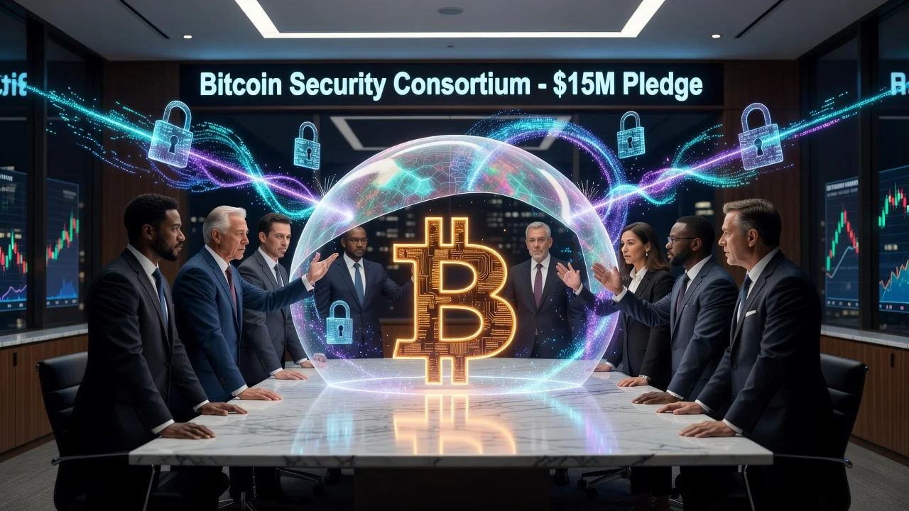 Business leaders shielding a Bitcoin symbol from quantum threats, illustrating the $15M security consortium pledge.