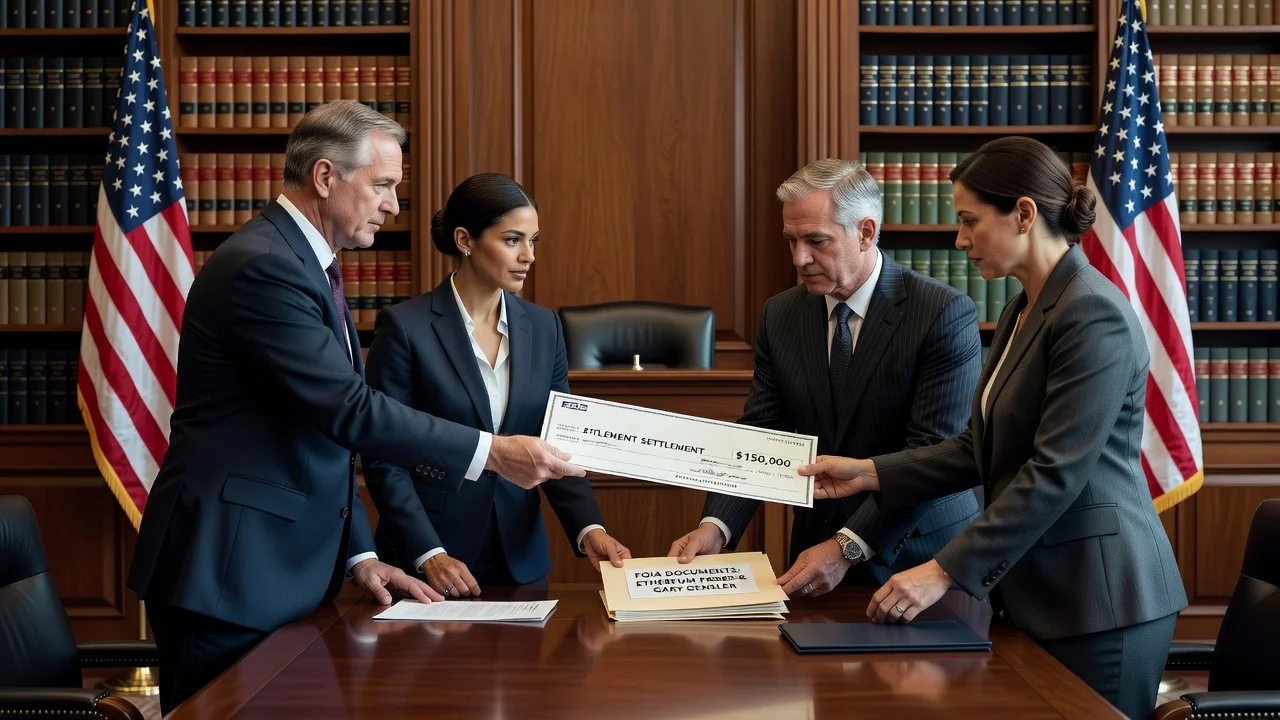 A photorealistic courtroom scene depicting the SEC's settlement with Coinbase over a FOIA lawsuit, featuring lawyers exchanging documents and a check.