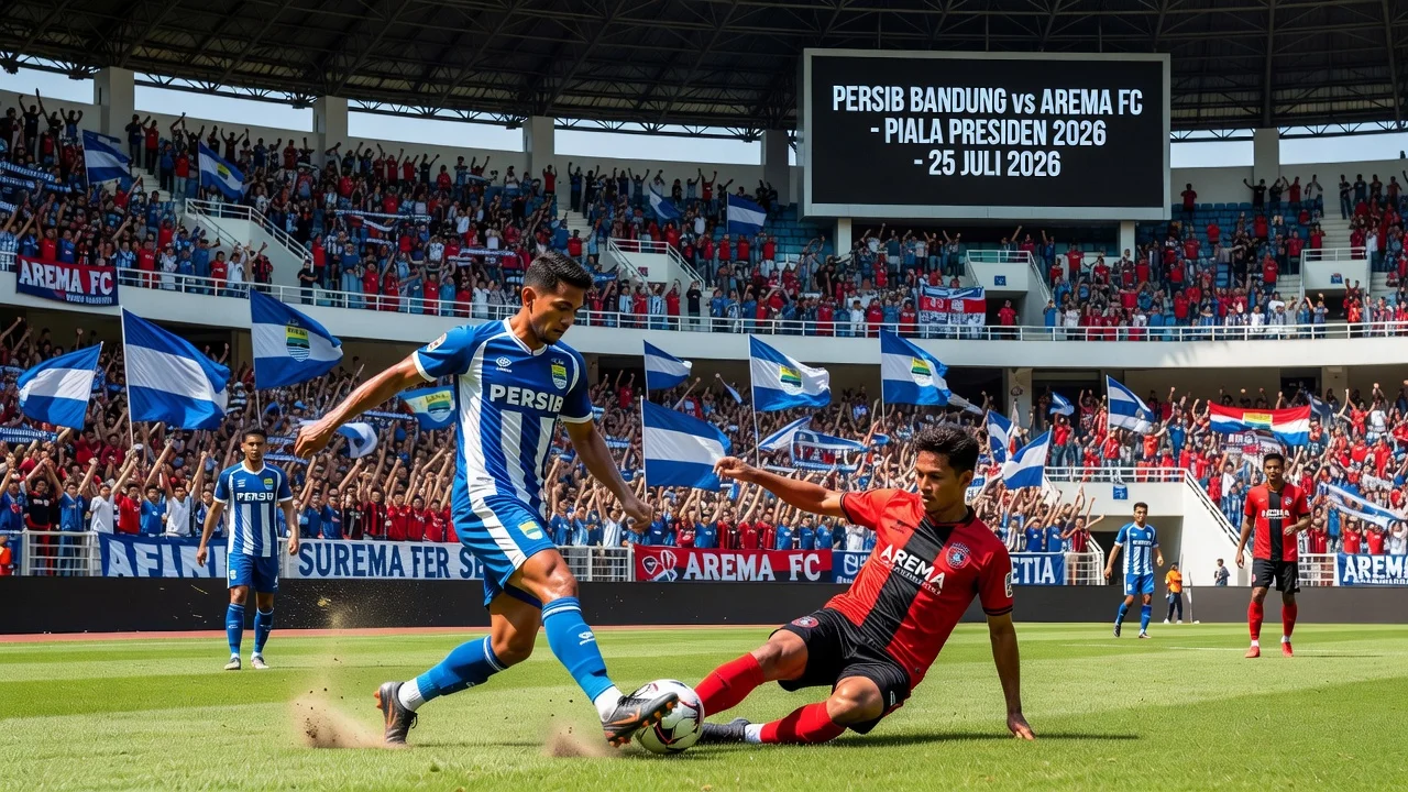 Illustration of Persib Bandung vs Arema FC soccer match at Si Jalak Harupat Stadium for Piala Presiden 2026.