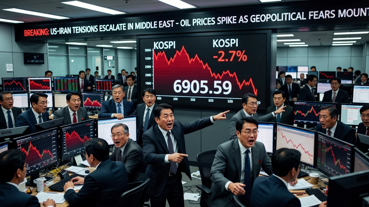 Seoul stocks decline amid US-Iran tensions, KOSPI index falling on trading screens.