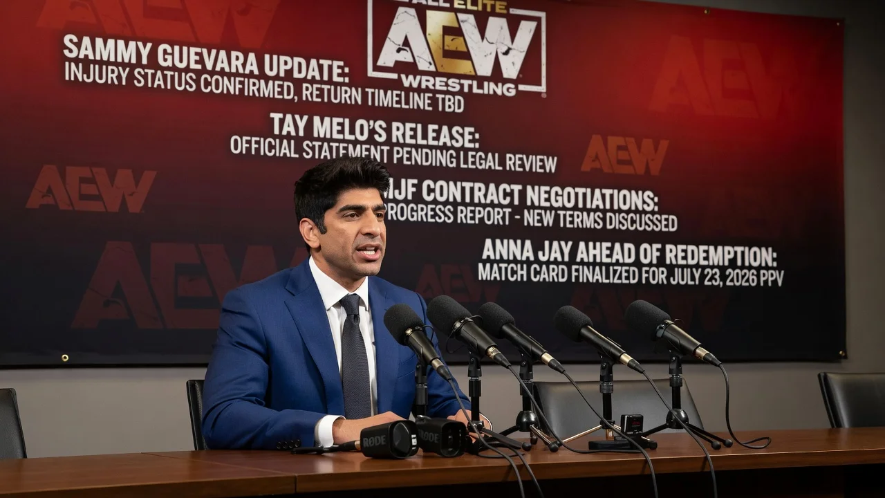 Tony Khan speaking at an AEW media call about wrestler statuses