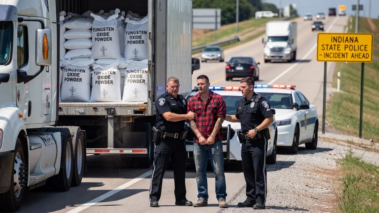 Police arresting a truck driver next to a semi-truck containing stolen tungsten oxide on an Indiana highway